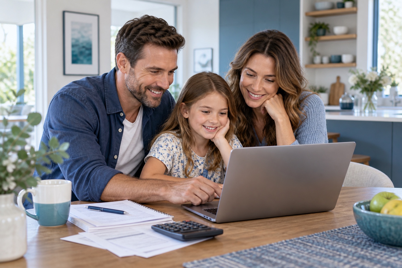 Happy couple and their daughter gathered around a laptop