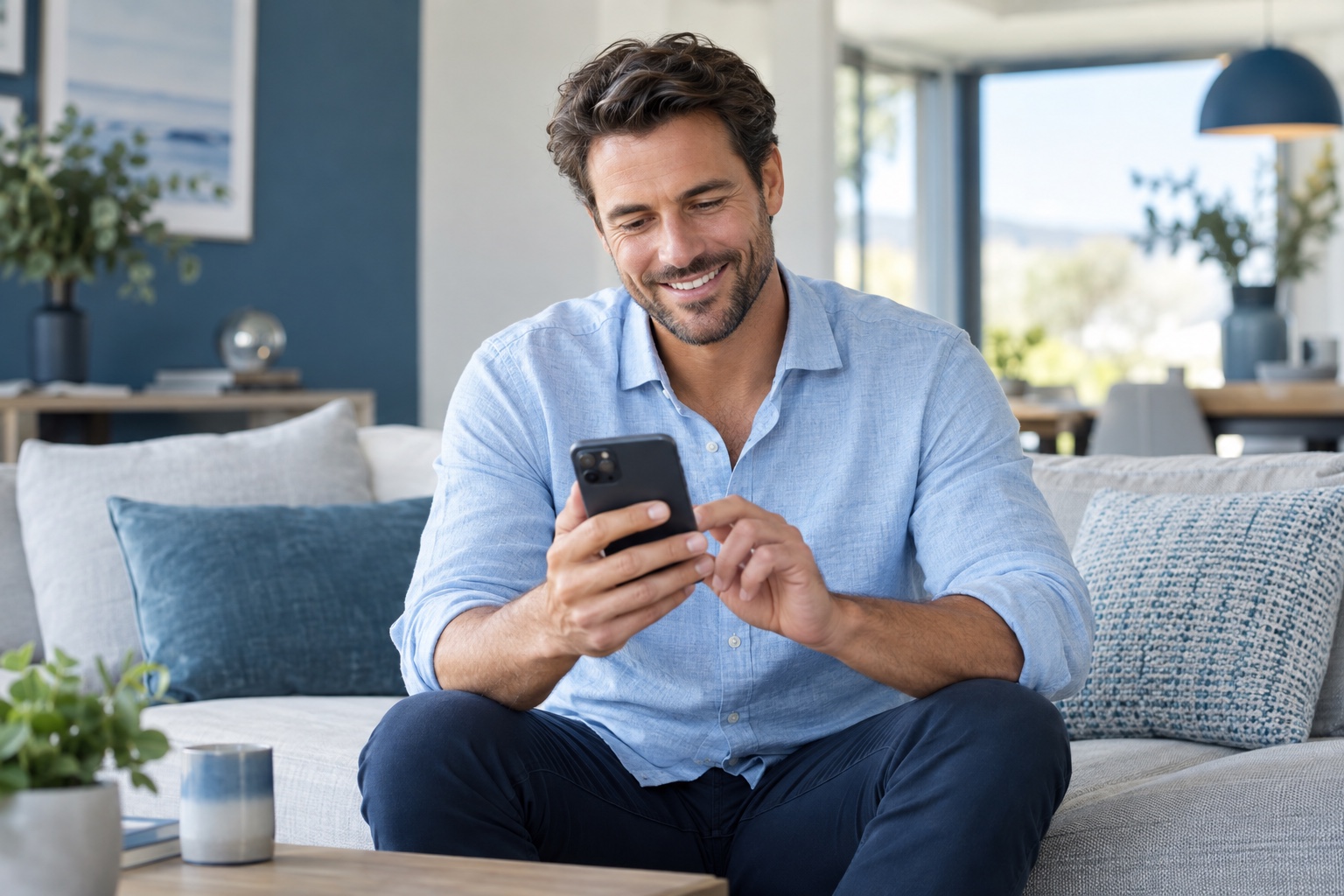 Smiling man holding his mobile phone